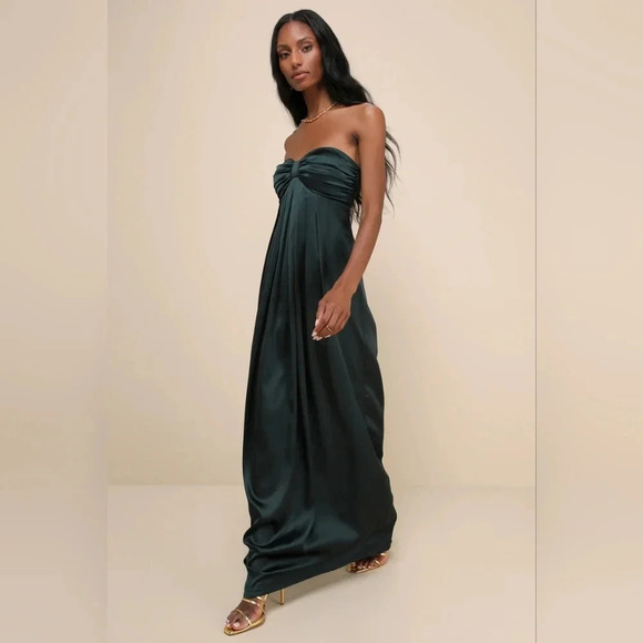 Lulus Memorable Entrance Emerald Green Strapless Satin Maxi Dress S Wedding - Picture 3 of 11
